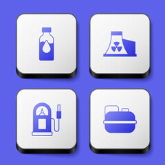 Set Oil petrol test tube, Nuclear power plant, Petrol or gas station and Canister for gasoline icon. White square button. Vector