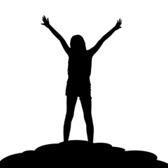 Silhouette of a girl on a mountain with hands raised in joy. freedom vector illustration