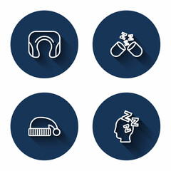 Set line Travel neck pillow, Sleeping, hat and Dreams with long shadow. Blue circle button. Vector