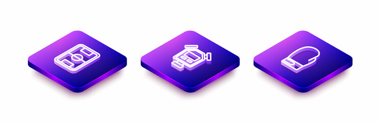 Set Isometric line Football field, Stopwatch and Boxing glove icon. Vector