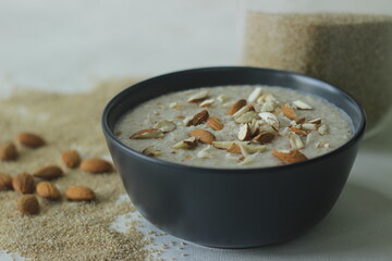 Barnyard millet porridge. An easy and healthy porridge for breakfast with barnyard millet, milk and almonds