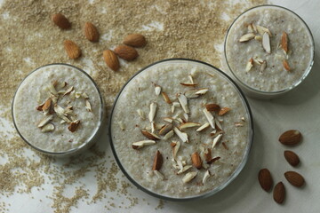 Barnyard millet porridge. An easy and healthy porridge for breakfast with barnyard millet, milk and almonds
