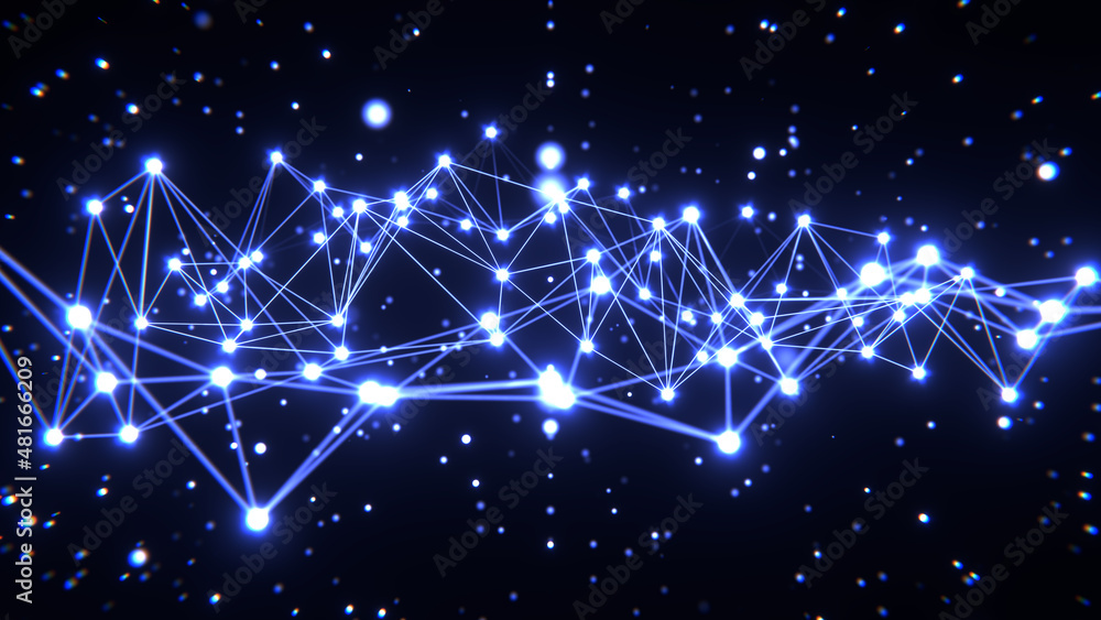 Poster realistic 3d illustration of the blue plexus pattern with light particles rendered as background