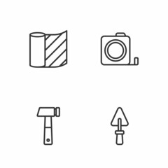 Set line Trowel, Hammer, Wallpaper and Roulette construction icon. Vector