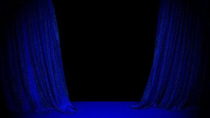Realistic 3D illustration of the opened luxurious and fancy textured blue velvet stage curtain with carpet floor