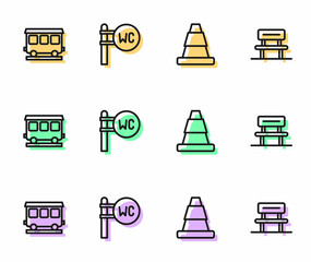 Set line Traffic cone, Passenger train cars, Toilet and Waiting hall icon. Vector