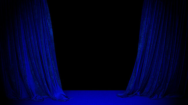 Realistic 3D Illustration Of The Opened Luxurious And Fancy Textured Blue Velvet Stage Curtain With Carpet Floor