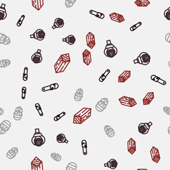 Set line Chainsaw, Grapple crane grabbed log, Lumberjack and Wooden beam on seamless pattern. Vector