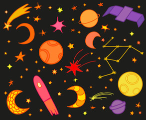 Naklejka premium Cosmos elements on black background. Colorful cosmic doodles for design. Hand drawn simple space symbols. Line art. Set of different astronomical signs