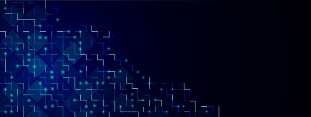 Neon background frame. Design of cells, geometric shapes, rhombuses, circles, lines, dots, squares. Glowing stars. Pattern of maze. Poster for technology, medicine, social networks, business. Vector