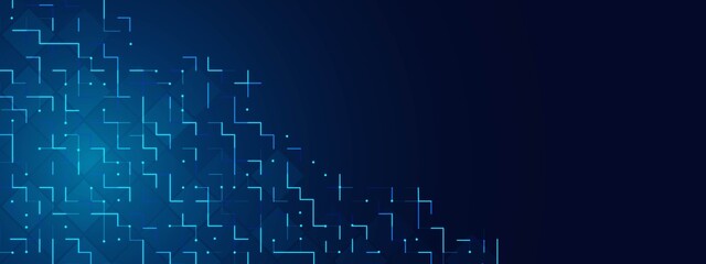 Obraz premium Neon background frame. Design of cells, geometric shapes, rhombuses, circles, lines, dots, squares. Glowing stars. Pattern of maze. Poster for technology, medicine, social networks, business. Vector