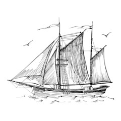 Old ship, vintage sailboat. Hand drawn sketch vector