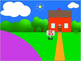 Grafika wektorowa przedstawiająca mały domek w otoczeniu zieleni, przy którym stoi tablica z napisem 