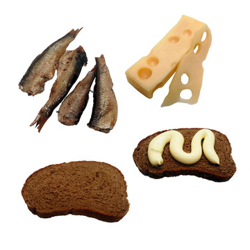 Ingredients for a simple sandwich: black bread, sprats, cheese and mayonnaise