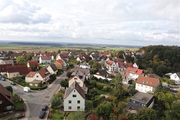 Fototapeta na wymiar Cadolzburg, Aussichtsturm, Dillenberg, Himmel, Wolken, Landkreis Fürth, Bayern, Luftaufnahmen