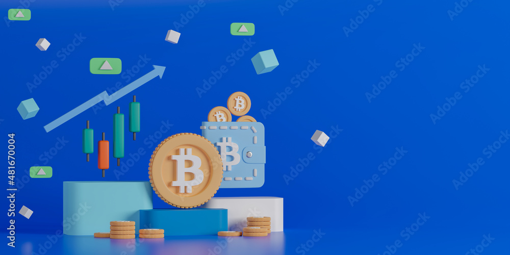 Poster 3d rendering concept cryptocurrency illustration with copy space for text or message. bitcoin, candl