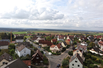 Fototapeta na wymiar Cadolzburg, Aussichtsturm, Dillenberg, Himmel, Wolken, Landkreis Fürth, Bayern, Luftaufnahmen