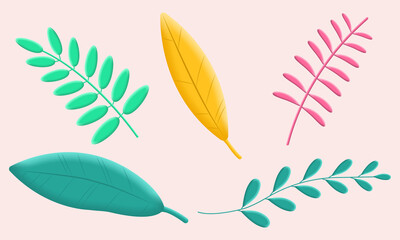 3d leaf set. Foliage design. Summer, Spring or Autumn leaves. Modern plant decoration elements. Vector illustration.