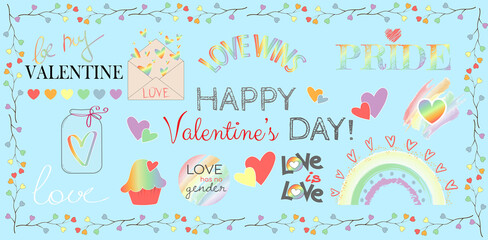 Set of stickers on LGBT topic containing quotes and phrases for congratulation with Valentines day to be used on cards, banners, posters. Trendy lettering and festive text design. Gay pride concept