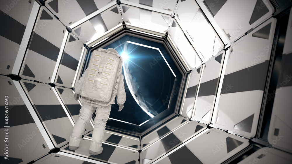 Poster astronaut stand by in spaceship looking moon outside with 3d rendering.