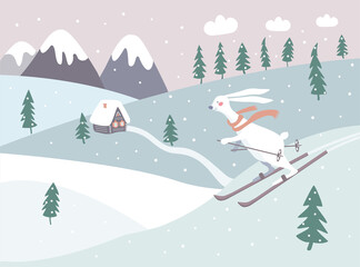 Fototapeta na wymiar Cute hare or bunny in a red scarf is skiing down the slide. Winter landscape with mountain, house and trees. Illustration for children.