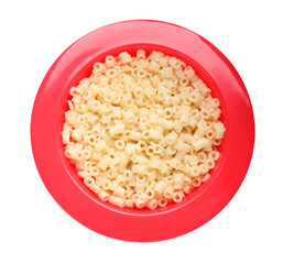 Red bowl with tasty pasta on white background, top view