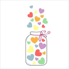 Original vector sticker or icon on LGBT topic using jar full of colourful rainbow hearts on white background for illustration of lgbt love. Vector illustration of gay community pride concept