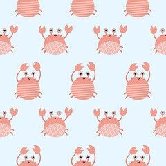 Fototapeta premium Childish seamless pattern with funny crabs on blue background. Underwater world. Hand drawn ocean animals. Scandinavian stylized vector illustration.