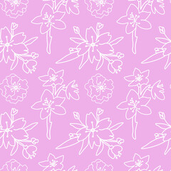 Vector seamless pattern with sakura on pink background. Spring, botanical, floral, festive hand painted print.Design for wrapping paper, textiles, fabric, wallpaper, packaging.