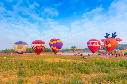 Evening atmosphere of the 5th International Balloon Festival in Chiang Rai Province, Thailand.