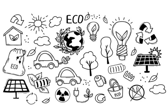 Ecology concept. Linear icons style vector illustration doodle drawing isolated on white background. No plastic, go green, Zero waste concepts. Reduce, reuse, refuse, ecological lifestyle