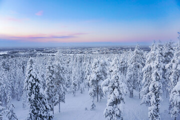 Winter sunset view over Rovaniemi city, Lapland, Finland