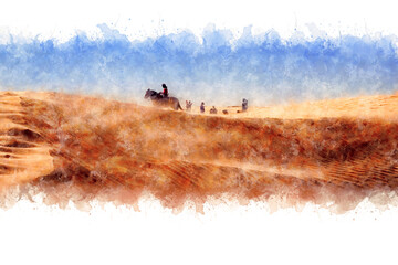 Fototapeta na wymiar Berber rides a horse in the Sahara Desert during a strong wind, sandstorm.