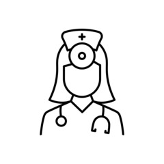 Otolaryngologist Doctor Line Icon. Otolaryngology Medic Staff with Stethoscope, Mirror Linear Pictogram. Ear, Nose, Throat Doctor Outline Icon. Editable Stroke. Isolated Vector Illustration