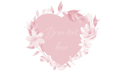Watercolour Pink Flower Heart Frame. Watercolor Floral element for Valentines Day design.