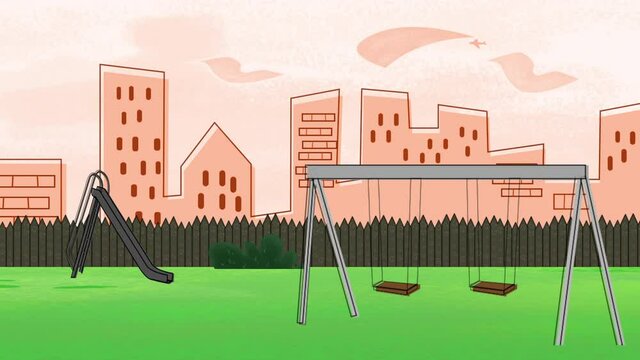 Buildings and park of city in summer day, motion abstract cartoon and kids style background