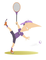 Cartoon man playing tennis isolated illustration. 
Smiling young woman in baseball hat with a tennis racket beats a ball isolated on white
