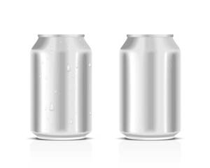 White metal cans with water drops isolated on a white background