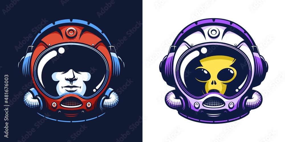 Wall mural cosmonaut space helmet with headphones. space retro emblem with astronaut head. alien in spacesuit m