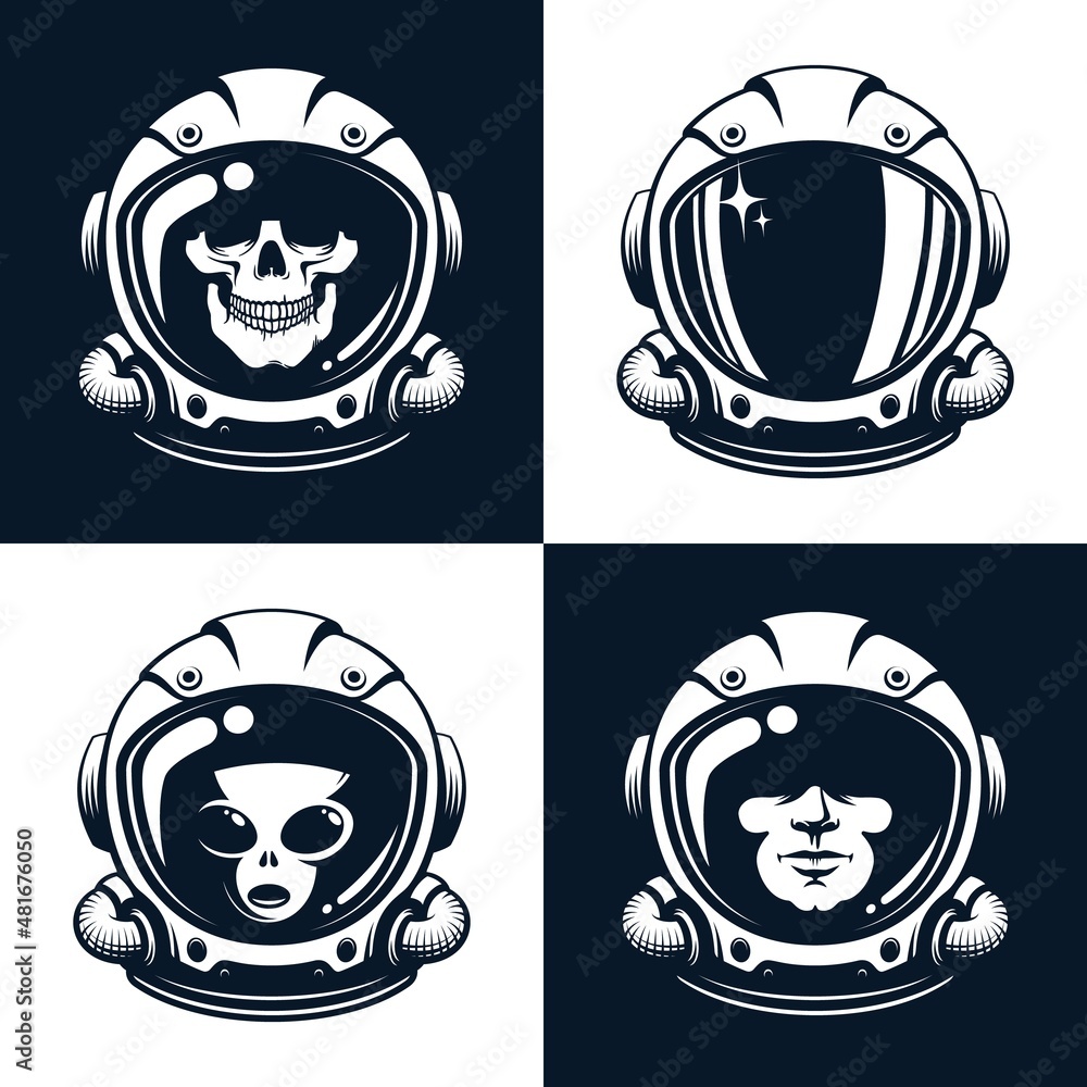 Wall mural astronaut space helmet in retro style. spaceman head. alien in astronaut helmet. skull in spacesuit 