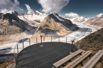 Great Aletsch Glacier in the Bernese Alps, canton of Valais, Switzerland. Panorama view of the largest glacier in the Alps. Jungfrau-Aletsch Protected Area, UNESCO World Heritage Site.