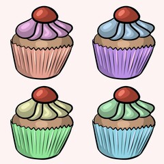 A set of beautiful cupcake with berries and colorful cream. Vector illustration
