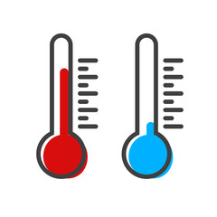 Flat design of celsius and fahrenheit meteorology thermometers isolated on white background. Measuring hot and cold temperature.