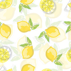 Seamless pattern with hand drawn lemons. Citrus fruits on a transparent background. Background for textiles, kitchen utensils and wrapping paper, background for site