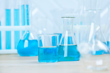 Laboratory glassware with test tubes. flasks, dropper, petri dishes, measuring cups and cylinders for scientific laboratories,