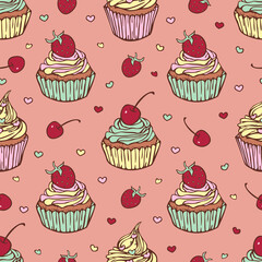 Vector seamless pattern with hand drawn cupcakes with strawberry and cherry. Design with yummy confections.