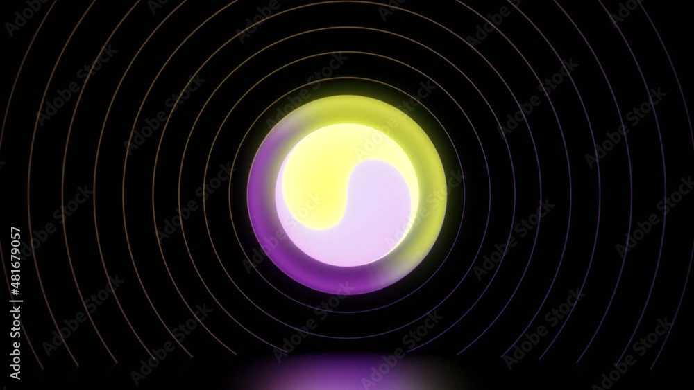 Poster rotating multicolored circle on black background with rings. design. beautiful circle rotates with r