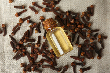 Essential oil and dried cloves on grey fabric, flat lay