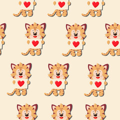 A tiger cub with a postcard and a heart. Vector pattern in a flat style.