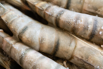 Tiger chrimp. Unpeeled frozen tiger prawns, close-up, selective focus, shallow depth of field.